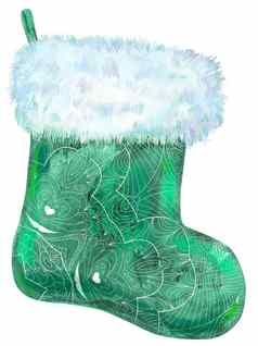 圣诞节有图案的绿色袜子白色皮毛水彩插图孤立的