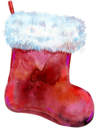 圣诞节红色的袜子白色皮毛水彩插图孤立的