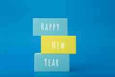 快乐一年优雅的最小的概念蓝色的颜色堆栈矩形祝贺文本