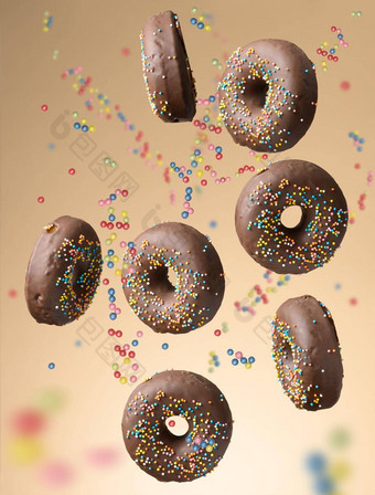 巧克力轮甜甜圈五彩缤纷的糖洒悬浮米色背景