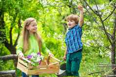 童年日益增长的孩子们玩春天花园可爱的男孩上升手女孩年轻的一代树拥抱自然情人childchood户外休闲概念