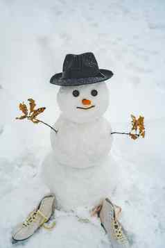 有趣的雪人胡萝卜鼻子温暖的针织他雪草地模糊雪背景雪人围巾他