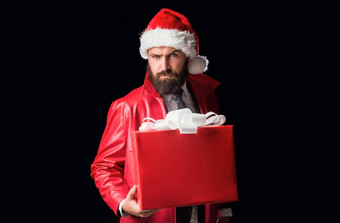 有胡子的现代圣诞老人黑色的背景祝愿快乐圣诞节快乐一年圣诞节礼物