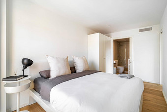 明亮的卧室舒适的床上大枕头衣柜浴室室内现代公寓欧洲城市