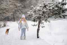 女孩走狗冬天森林老板狗玩白雪覆盖的森林