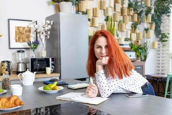 微笑有吸引力的女人红色的头发坐在记事本笔厨房<strong>首页</strong>孕妇学费距离学习<strong>首页</strong>办公室