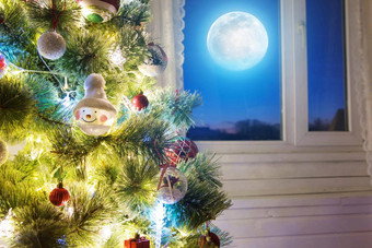 圣诞节首页房间树月亮照明窗口元素图像有家具的美国国家航空航天局