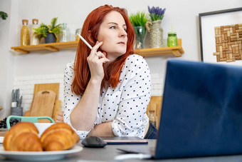 肖像有吸引力的女人坐在前面电脑厨房博主写帖子互联网内容作者版权专家有创意的想象力