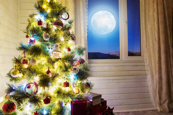 圣诞节首页房间树<strong>月亮</strong>照明窗口<strong>元素</strong>图像有家具的美国国家航空航天局