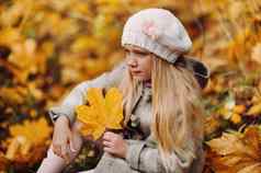 迷人的女孩外套坐在秋天叶手