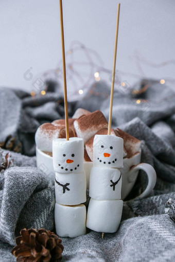 快乐有趣的棉花糖雪人棉花糖朋友Diy甜蜜的治疗孩子们有趣的棉花糖雪人圣诞节冬天假期装饰杯可可