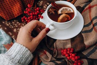 秋天情绪概念女手红色的修指甲热<strong>茶</strong>柠檬肉桂棒舒适的毛衣围巾背景秋天叶子浆果作文生活杯加香料的热酒<strong>茶</strong>时间