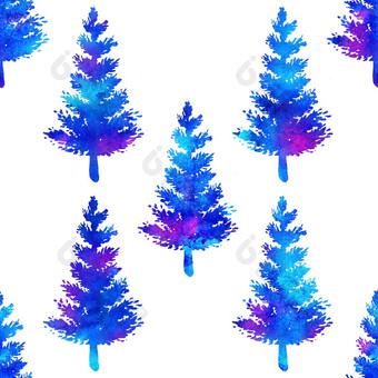 圣诞节水彩画冷杉树无缝的模式蓝色的颜色白色背景<strong>手绘</strong>水彩云杉<strong>松树</strong>壁纸点缀包装圣诞节装饰