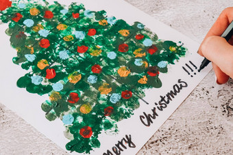 Diy使问候卡手工制作的工艺品假期孩子们油漆手指快乐圣诞节树一步一步快乐一年圣诞节树装饰