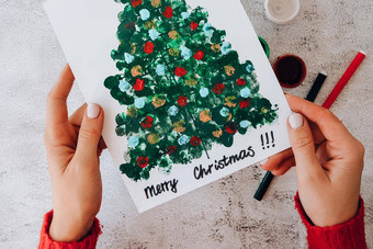 油漆手指快乐圣诞节树一步一步快乐一年圣诞节树装饰Diy使问候卡手工制作的工艺品假期孩子们