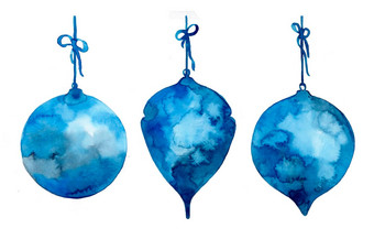 集水彩摘要圣诞节球蓝色的颜色装饰<strong>元素松树</strong>问候卡冬天背景一年假期圆玩具艺术手画模式孤立的白色