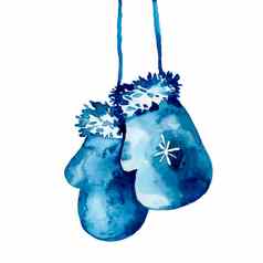 水彩手画手套插图蓝色的颜色羊毛手套冬天季节一年庆祝活动对象打印卡概念圣诞节艺术元素孤立的白色背景