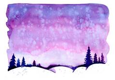 水彩圣诞节冬天景观雪树圣诞节松冷杉插图下雪打印纹理壁纸背景问候卡紫色的紫罗兰色的颜色水彩画
