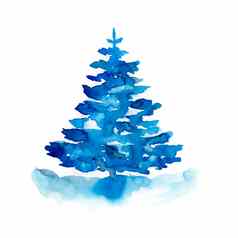 水彩冬天蓝色的圣诞节松树孤立的白色背景手绘画插图打印纹理壁纸元素美丽的水彩画艺术最小的风格