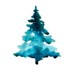 水彩冬天圣诞节标志孤立的白色背景手绘画插图元素打印纹理壁纸问候卡蓝色的绿色颜色美丽的水彩画冷杉树
