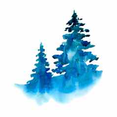 水彩冬天雪森林孤立的白色背景treescape松冷杉插图景观打印纹理壁纸问候卡蓝色的绿色颜色美丽的水彩画