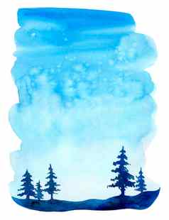水彩圣诞节冬天景观雪树treescape松冷杉插图景观打印纹理壁纸问候卡蓝色的颜色美丽的自然水彩画