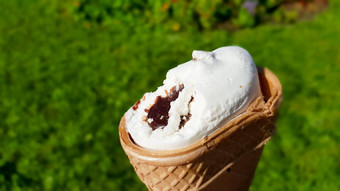 咬冰奶油华夫格杯巧克力填充咬白色冰奶油焦糖背景绿色草夏天