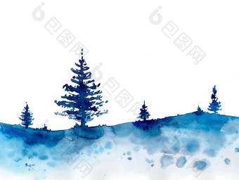 水彩冬天设计森林蓝色的圣诞节雪背景手绘画插图打印纹理壁纸元素美丽的水彩画木孤立的白色卡片