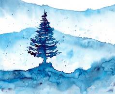 水彩冬天雪森林蓝色的背景手绘画插图打印纹理壁纸元素美丽的水彩画木孤立的白色背景