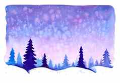 水彩圣诞节冬天景观雪树treescape松冷杉插图景观打印纹理壁纸问候卡蓝色的颜色美丽的自然水彩画