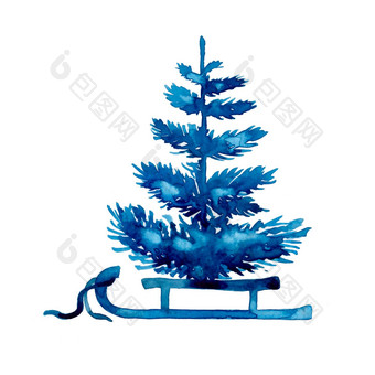 水彩冬天圣诞节树孤立的白色背景<strong>手绘</strong>画插图云杉打印纹理壁纸问候卡蓝色的颜色美丽的水彩画艺术<strong>松树</strong>