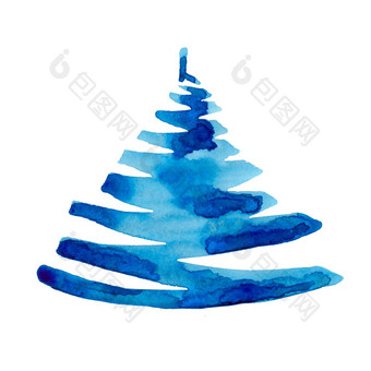 水彩冬天圣诞节树孤立的白色背景手绘画插图云杉打印纹理壁纸问候卡蓝色的颜色美丽的水彩画艺术松树