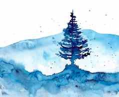 水彩森林蓝色的圣诞节背景手绘画插图打印纹理壁纸元素美丽的水彩画木孤立的白色背景