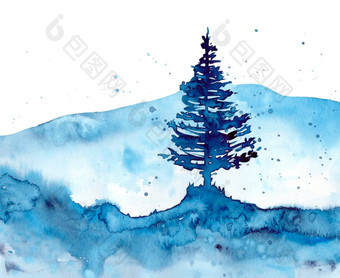 <strong>水彩</strong>森林蓝色的圣诞节背景<strong>手绘</strong>画插图打印纹理壁纸元素美丽的<strong>水彩</strong>画木孤立的白色背景