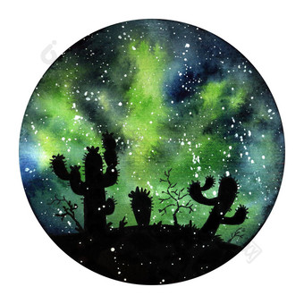 水彩画绘画北部灯空间景观绿色黑色的蓝色的颜色现代轮插图星系仙人掌艺术水彩画背景艺术纹理仙人掌油漆
