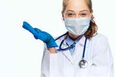 护士医疗面具蓝色的手套医院听诊器