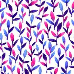 简单的可爱的花无缝的模式粉红色的蓝色的紫罗兰色的春天叶子手画水彩自然画叶白色背景艺术明亮的背景壁纸美丽的颜色刷