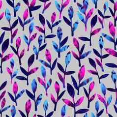 简单的可爱的花无缝的模式粉红色的蓝色的紫罗兰色的春天叶子手画水彩自然画叶灰色背景艺术明亮的背景壁纸美丽的颜色刷