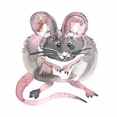 鼠标水彩画插图有趣的图标动物灰色老鼠粉红色的耳朵孤立的白色背景一年绘画象征画艺术对象设计
