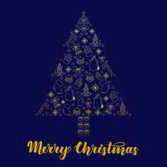 摘要程式化的圣诞节树黄金轮廓黑暗蓝色的背景插图问候卡片邀请礼物包装主题产品