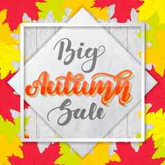 大秋天出售刻字木背景色彩斑斓的枫木叶子模板广告横幅海报传单