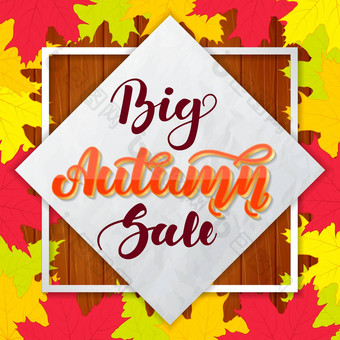 大秋天出售刻字木背景色彩斑斓的枫木叶子模板广告横幅海报传单