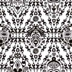 手画无缝的模式部落面具少数民族草图设计wallaper纺织打印非洲文化织物非洲式发型点缀可爱蜡染艺术黑色的颜色白色背景