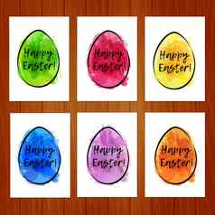 集复活节卡片色彩斑斓的鸡蛋木背景模仿水彩模板问候复活节卡片