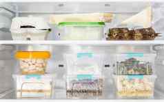 前面视图有组织的塑料食物容器冰箱