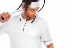网球球员球拍白色服装男人。运动员玩孤立的光背景