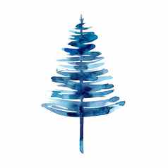 水彩冬天蓝色的圣诞节树孤立的白色背景手绘画插图打印纹理壁纸元素美丽的水彩画艺术最小的风格