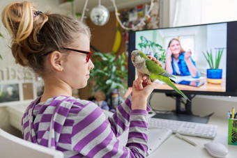 <strong>青春</strong>期前学生女孩首页鹦鹉宠物研究看视频教训电脑