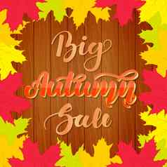大秋天出售刻字木背景色彩斑斓的枫木叶子美丽的海报销售促销活动