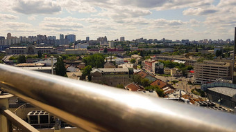 空中视图基辅地区现代城市建筑混合历史美丽的光金小时城市天际线基辅城市鸟的飞行背景图像